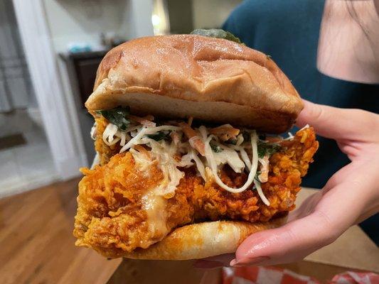 Fried chicken sandwich- so yummy! Crispy, juicy, and flavorful