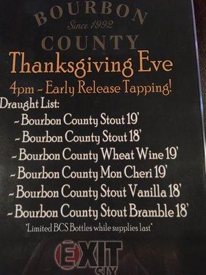 Bourbon County menu for Thanksgiving weekend.