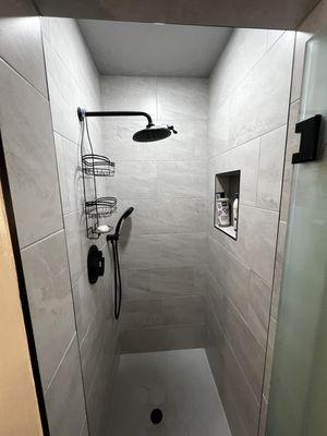 Bathroom Remodel slate grey large porcelain tile remodel