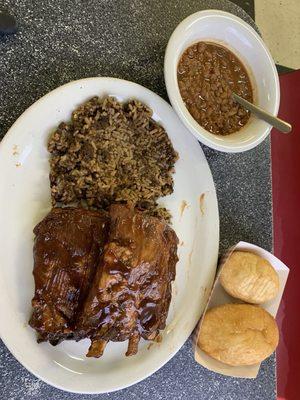 Ribs, baked beans and dirty rice were delicious