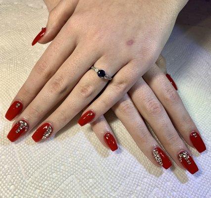 By Vivi: acrylic full set with gel nail polish and rhinestones