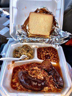 Chopped Beef with Links Wet, Rice dressing and beans.