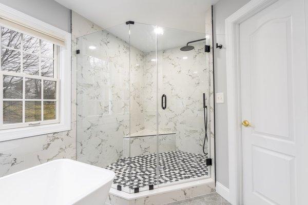 Master Bathroom Remodeled With White Flooring, Bathtub, Shower, Highland MD