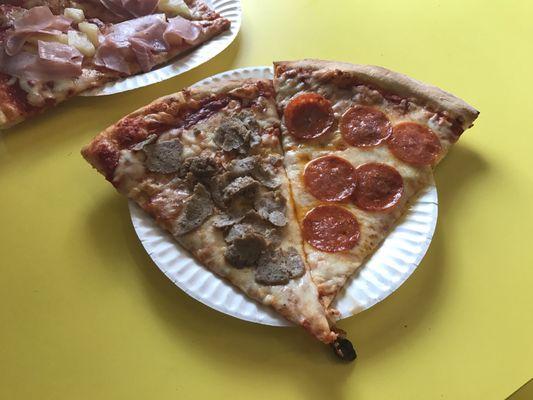 Meatball slice on the left, pepperoni slice on the right.