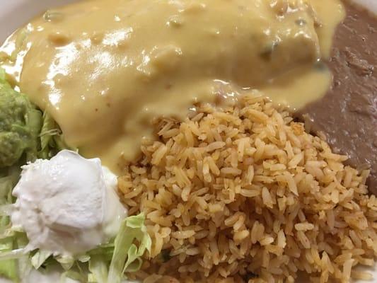 Spicy chicken burrito covered with cheese sauce