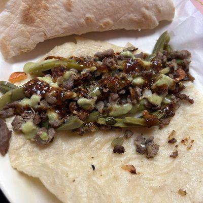 Nopales and bistec a la Mexicana with fresh salsa on fresh corn tortillas