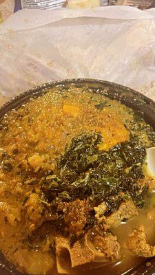 Curry goat, pumpkin channa spinach buss up