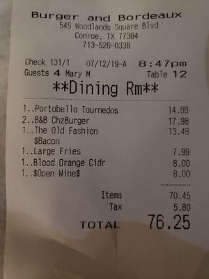 The final bill.  A little pricey for burgers.