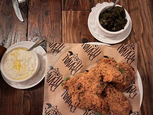 Gfree fried chicken, White Cheddar Grits, Collard Greens