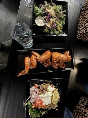 Greek salad, Cheerwine gochujang wings and kale salad