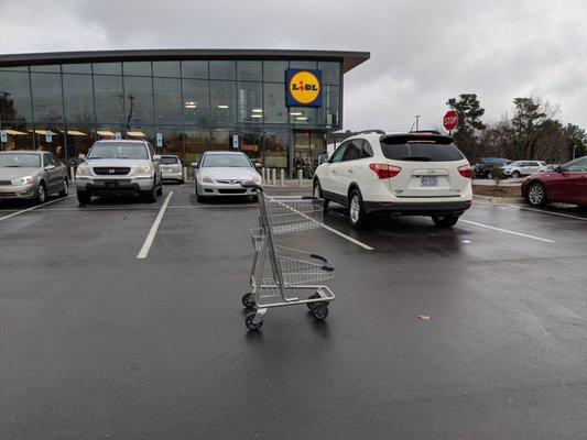 Ah, yes, the American lazy, inconsiderate and dumb shoppers... They leave carts/trolleys in the middle of the parking lot.  Tsk tsk tsk.