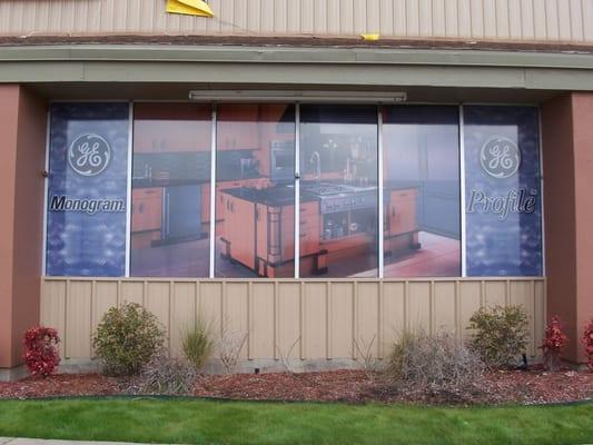 Window Perforated graphics are a great way to advertise on your storefront windows with out visibility loss from inside.