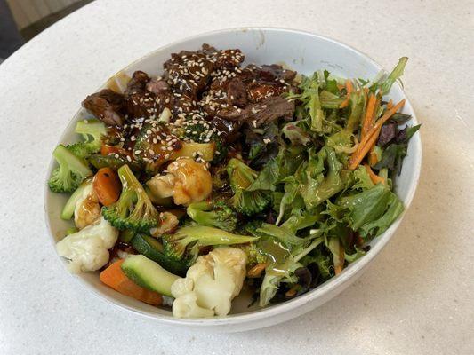 Combo Bowl with Wok Sauteed Vegetables and Grass Fed Steak