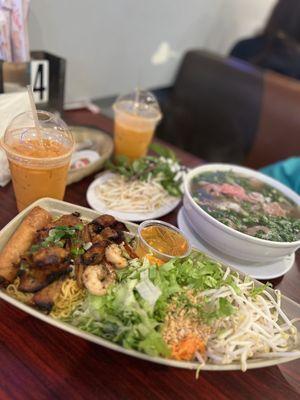 Charbroiled pork/ shrimp and egg roll, Rare beef pho and Thai tea