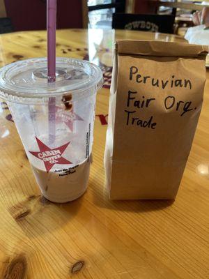 Iced white coffee and Peruvian beans