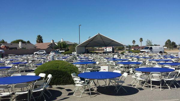 Church Fiesta. "Clam Shell" Tent with Stage, Portable Power, Sound and Lighting, Chairs and Tables with Covers.