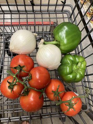 Tomatoes, white onions, green bell peppers.