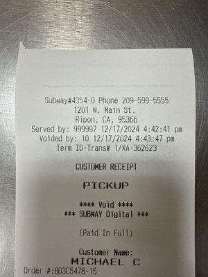 Voided receipt