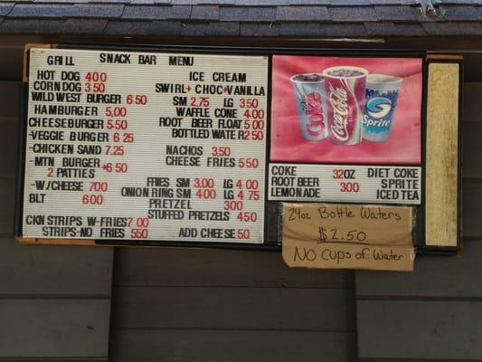 Menu 9.20.14 . My pretzel was yummy. "made per order"  No Popsicles, but u can buy those at the general store, FYI