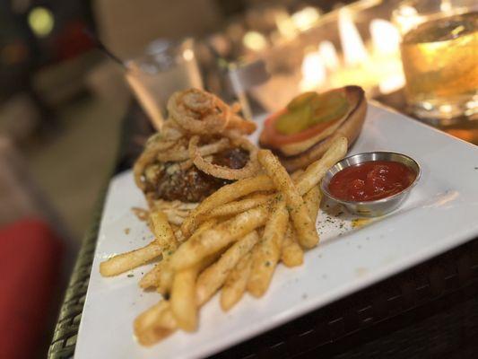 Blackened Buffalo Burger w Mango Habanero Garlic Sauce Blue Cheese Crumbles & Onion Rings.  This was FIRE!!