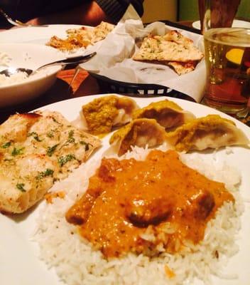 Lamb Rogan Josh with chicken momo and garlic naan.