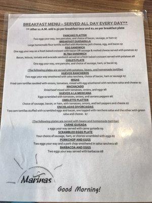 Breakfast menu