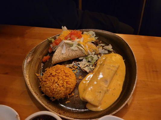 Beef taco, chicken enchilada, rice