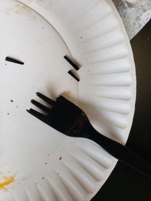 Broken fork and cheap plate.