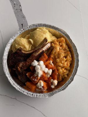 Lamb chop, Garlic Mashed Potatoes, Candied Marshmallow Yams, and Baked Mac & Cheese