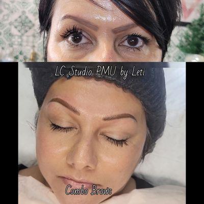 Brow correction, combo brows machine strokes and powder