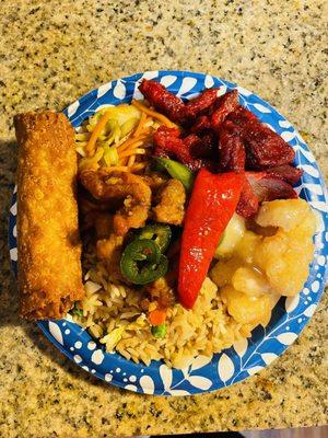 Egg roll, fried rice, chow mein, BBQ pork, pineapple shrimp and jalapeno chicken