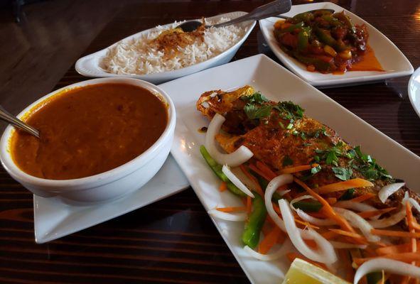 The spread: daal makhni, tandoori red snapper, basmati rice