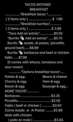 Tacos Antonino menu