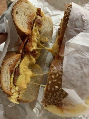 Bacon egg and cheese on a sesame seed bagel