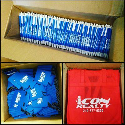 Promotional items for Icon Realty. We do Bic Pens, Tote Bags and more! Call us today for a free quote! 210-557-2331