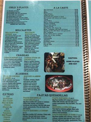 Menu - Childrens' Plates, a la carte, Molcajetes, Changas, Alambre, Fajitas Quesadilla Entrees