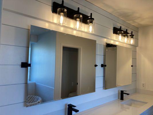 Bathroom Remodel with Shiplap backwall, contemporary mirrors and lighting