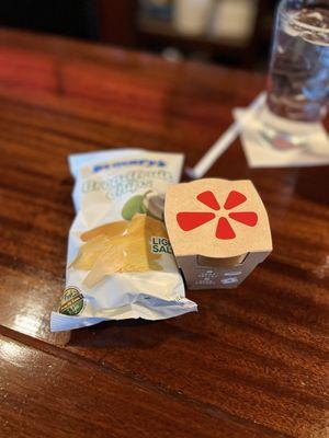 Yelp goodies: breadfruit chips and mixed herb planter