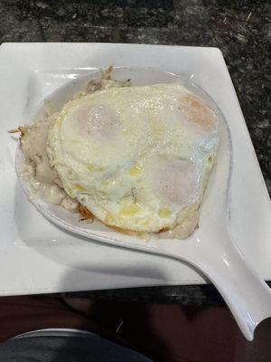 Biscuits and Gravy skillet aka the B&G Skillet with over easy eggs