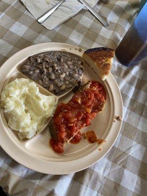 Cajun meatloaf, black-eyed peas, mashed potatoes!