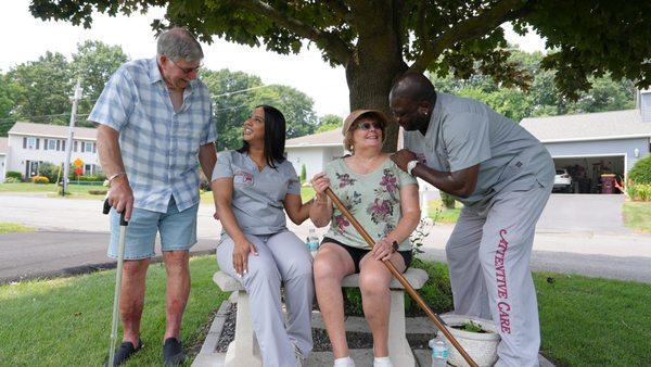 Our compassionate aides and clients enjoy time together outside, fostering connection and promoting well-being in the fresh air at home.