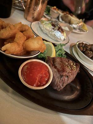 8 oz oz . Prime Top Sirloin with Battered Shrimp with Baked Potato