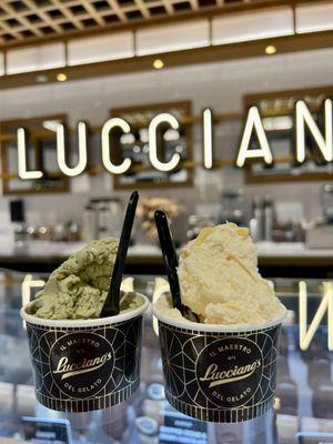 Pistacchio and lemon pie gelato flavors. Firm and creamy deliciousness.