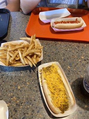 Cheddar dog, fries, plain dog