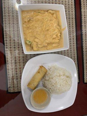 Chicken curry spring roll and rice.