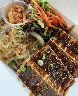 Vegan build-your-own: Crispy tofu with plum sauce, glass noodles, cabbage kimchi