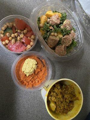 Vegan Sausage Kale Salad  8 oz Chickpea Salad 16 oz Curry Brown Rice and Beans