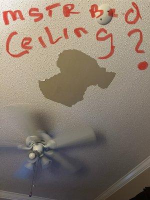 Mstr ceiling paint peeling & ceiling fan moved to the foot of the bed:(