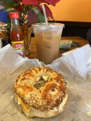 Breakfast bagel and cold brew