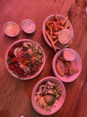 Fries, gyoza, and two build your own bowls